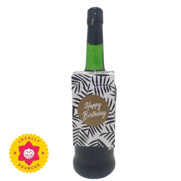 Wine Tag with Happy Birthday detail, black, white and gold background.