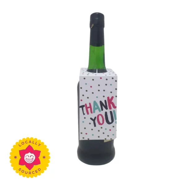 Wine Tag with Thank You wording in various colours. White Background and colourful dots.