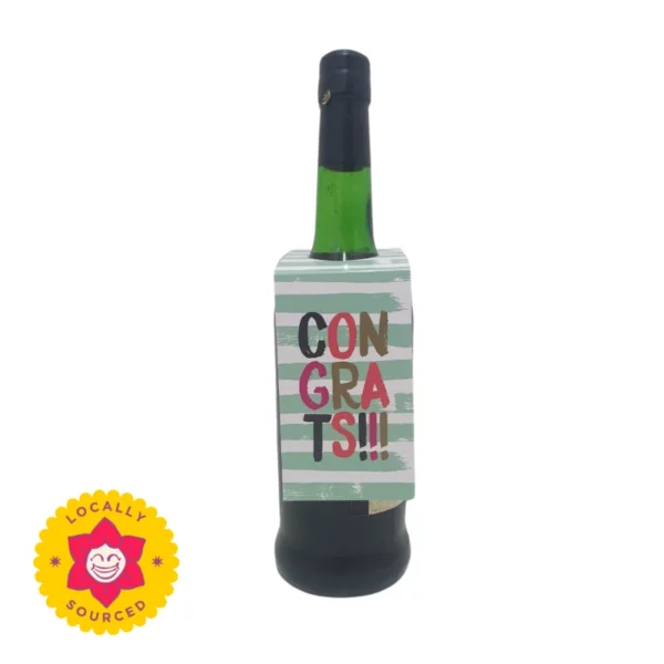 Wine Tag with Congrats wording. Striped Green and white background. Colourful letters.