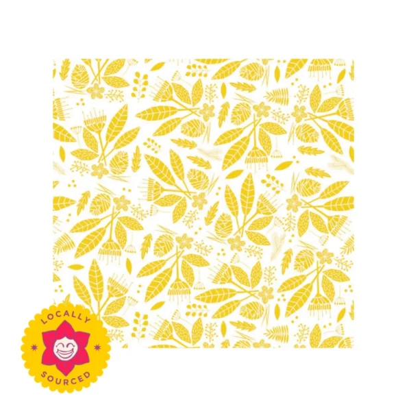 Wrapping Paper with Cape Forest detail, yellow flowers, pine leaves and pinecones on a white background
