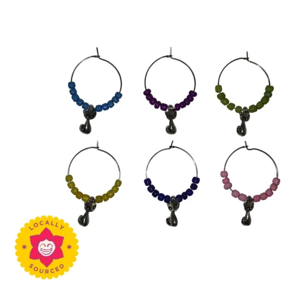 Wine Glass Charms, Silver Cats, Pack of 6